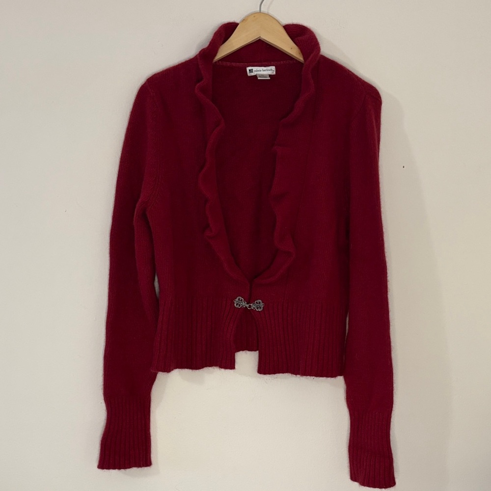 Vintage Y2K Cardigan Sweater Red Angora Blend Fuzzy 2000s Feminine Spring M/L